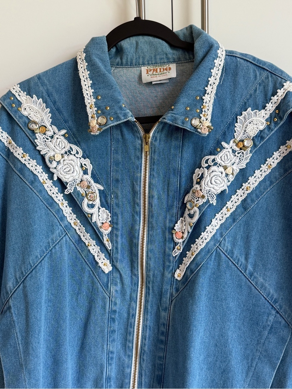 Vintage PADO Embellished Denim Jacket USA Made Large Boho Western Lace Studded - Picture 5 of 9